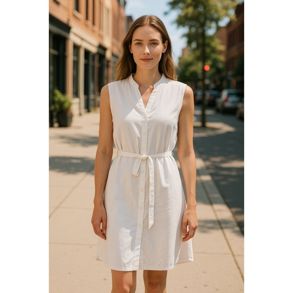 NWOT Tahari Linen Blend White Knee Length Shirt Dress 6/S/M Scandi Effortless